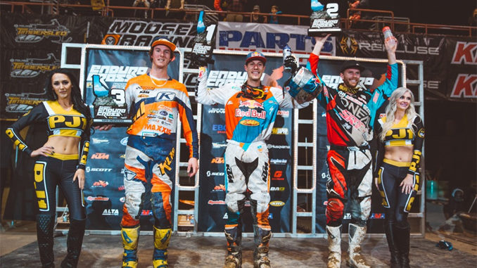 Webb (center), Graffunder (right) and Tremaine took the Boise EnduroCross Podium. Photography: Tanner Yeager