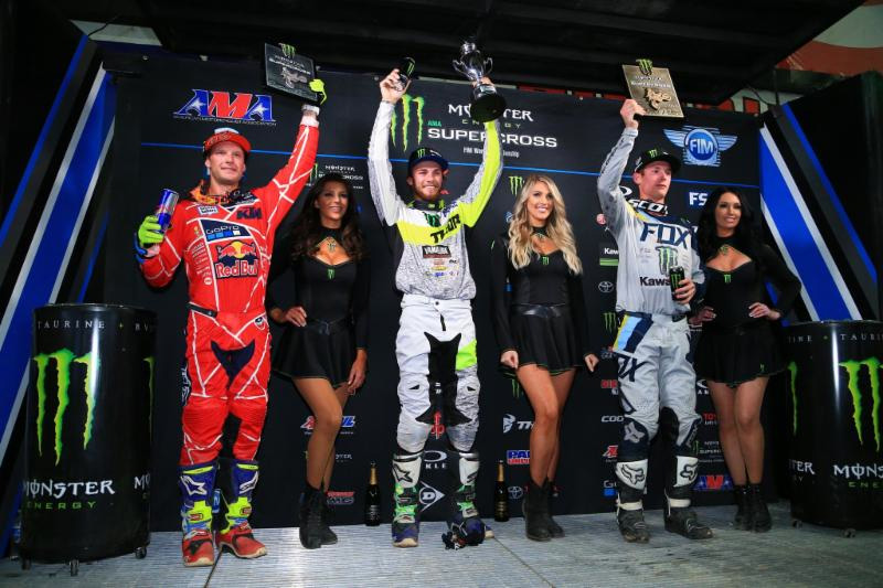 Aaron Plessinger celebrates his second Western Regional 250SX Class win on the podium with Shane McElrath and Adam Cianciarulo. Photo credit: Feld Entertainment, Inc.
