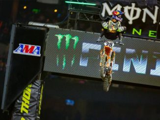 Monster Energy Supercross: Marvin Musquin celebrates his victory with his iconic heel clicker. Photo credit Feld Entertainment, Inc