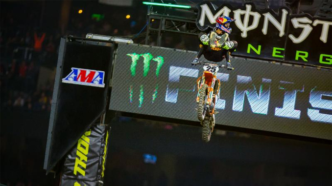 Marvin Musquin celebrates his victory with his iconic heel clicker. Photo credit Feld Entertainment, Inc Monster Energy Supercross: Marvin Musquin celebrates his victory with his iconic heel clicker. Photo credit Feld Entertainment, Inc