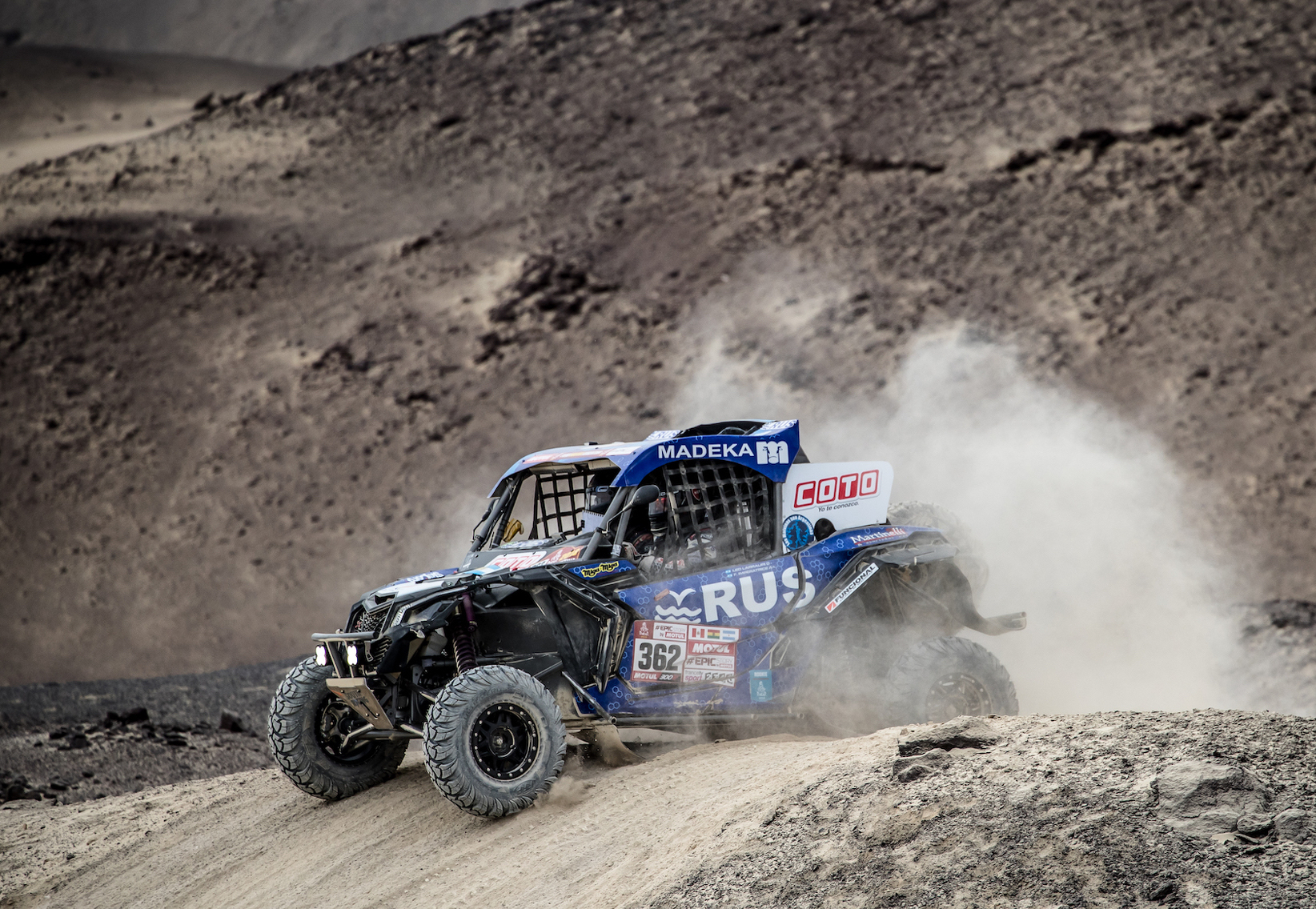 The tandem of Leonel Larrauri and Fernando Imperatrice drove their South Racing Can-Am Maverick X3 to a stage 14 victory at the 2018 Dakar Rally. 