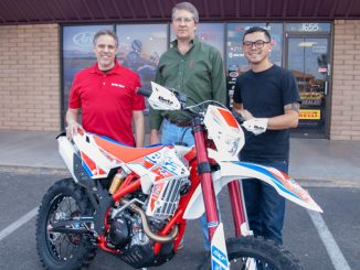 L-R - On Any Moto Owner Michael Battaglia - grand prize winner Cliff Reed - Beta Motorcycle -On Any Moto Sales Manager James Bautista
