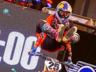 Marvin Musquin celebrates his 450SX Class win at Round 12 in Indianapolis. Photo credit: Feld Entertainment, Inc.