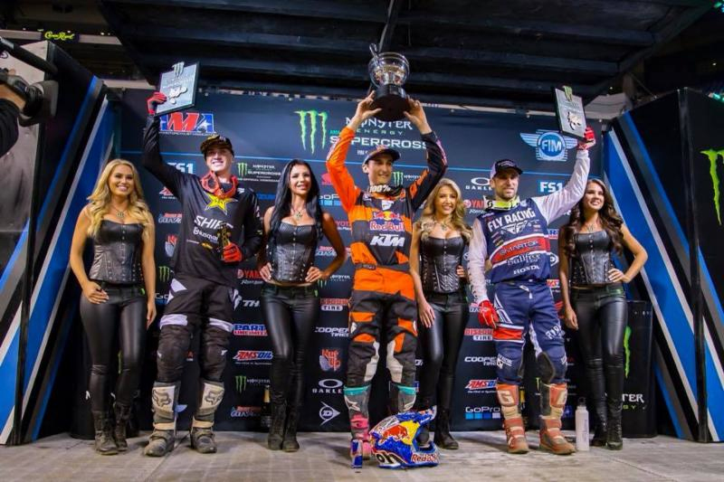 Musquin stands atop the 450SX Class podium at Round 12 of Monster Energy Supercross in Indianapolis. Photo credit: Feld Entertainment, Inc.