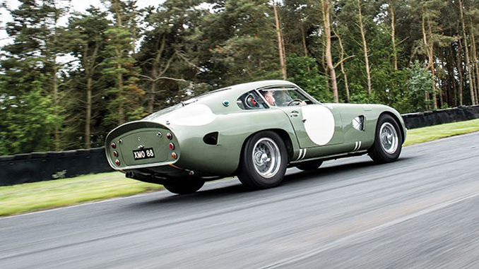 The 1963 Aston Martin DP215 Grand Touring Competition Prototype takes to the track (Credit – Simon Clay © 2018 Courtesy of RM Sotheby’s).
