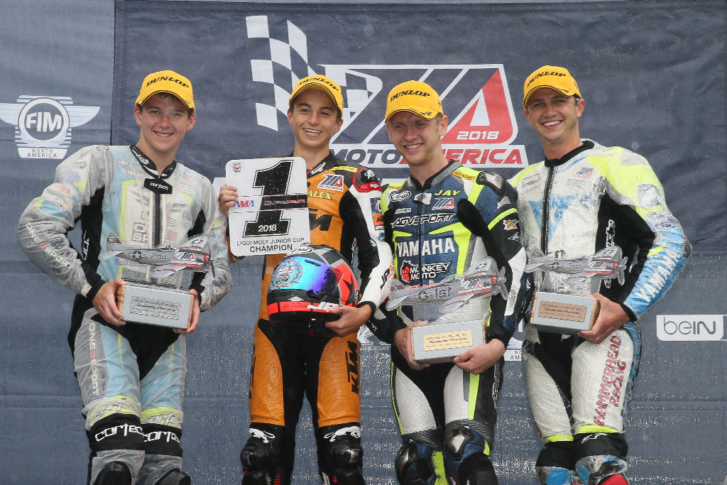 (From left to right) Cory Ventura Alex Dumas Jay Newton and Joseph Blasius celebrate after Sunday's Liqui Moly Junior Cup race