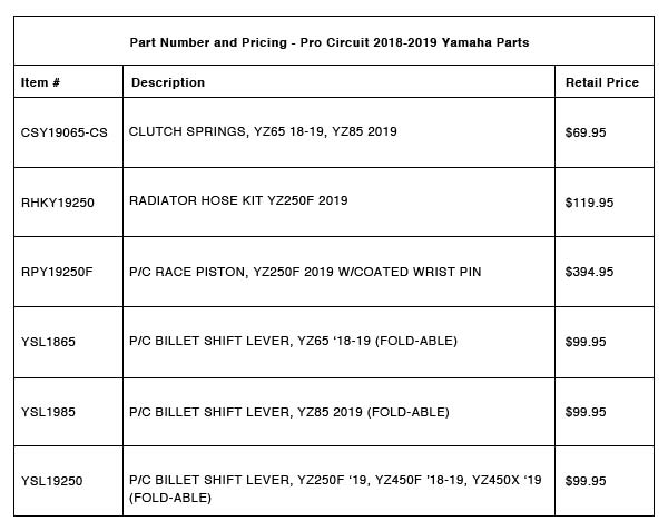 Pro Circuit 2018-2019 Yamaha Engine Parts & Accessories - Part Number Pricing-R-6