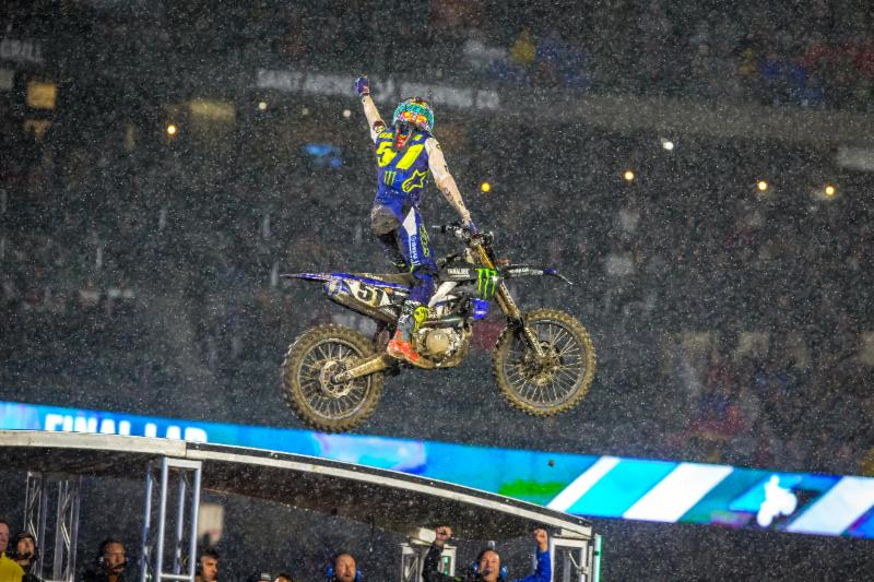 Justin Barcia celebrates in the rain after winning the Anaheim Opener Main Event. Photo credit- Feld Entertainment Inc.