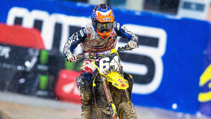 Jimmy Decotis (#64) broke out of the pack and the mud to take the podium on his Suzuki RM-Z250 - San Diego Supercross