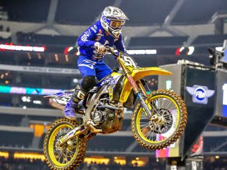 Kyle Peters (#55) electrified the crowd by grabbing the holeshot in the 250 East main event - JGRMX/Yoshimura/Suzuki Factory Racing