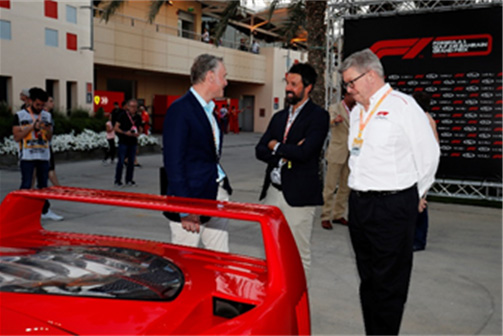 Sean Bratches Shelby Myers and Ross Brawn (Managing Director of Motorsports Formula 1®) chat during the collaboration announcement at the Gulf Air Bahrain Grand Prix 2019 on 29 March 2019