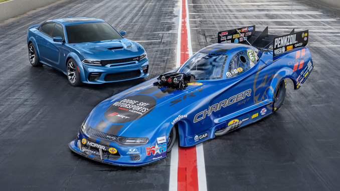 Matt Hagan’s 11,000-horsepower 2020 Dodge Charger SRT Hellcat Widebody Funny Car and the 707-horsepower production model Charger SRT Hellcat Widebody, the most powerful and fastest mass-produced sedan in the world, photographed at Bandimere Speedway near Denver.