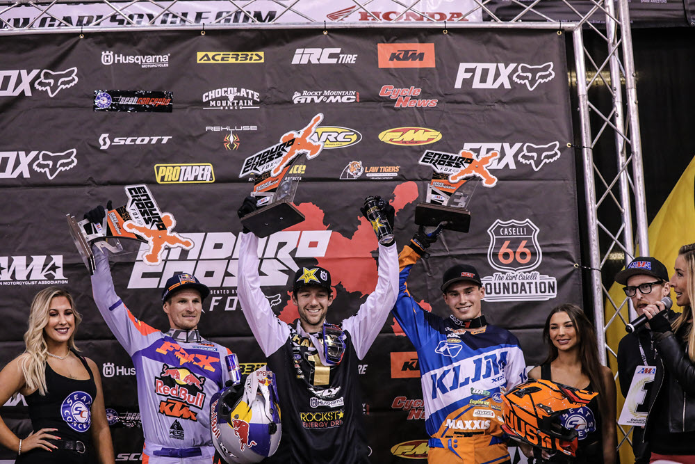 Colton Haaker (center), Taddy Blazusiak (left) and Trystan Hart earned the top three spots in the overall standing in Boise and held the same positions in the championship points. Photo- Jack Jaxon