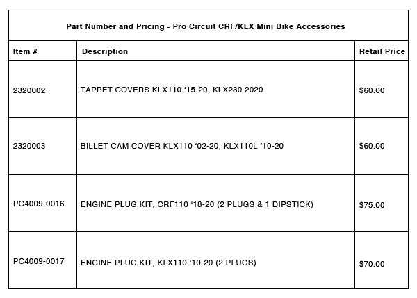 200619 Pro Circuit Mini Bike Accessories - Part-Number-Pricing-R-4-A