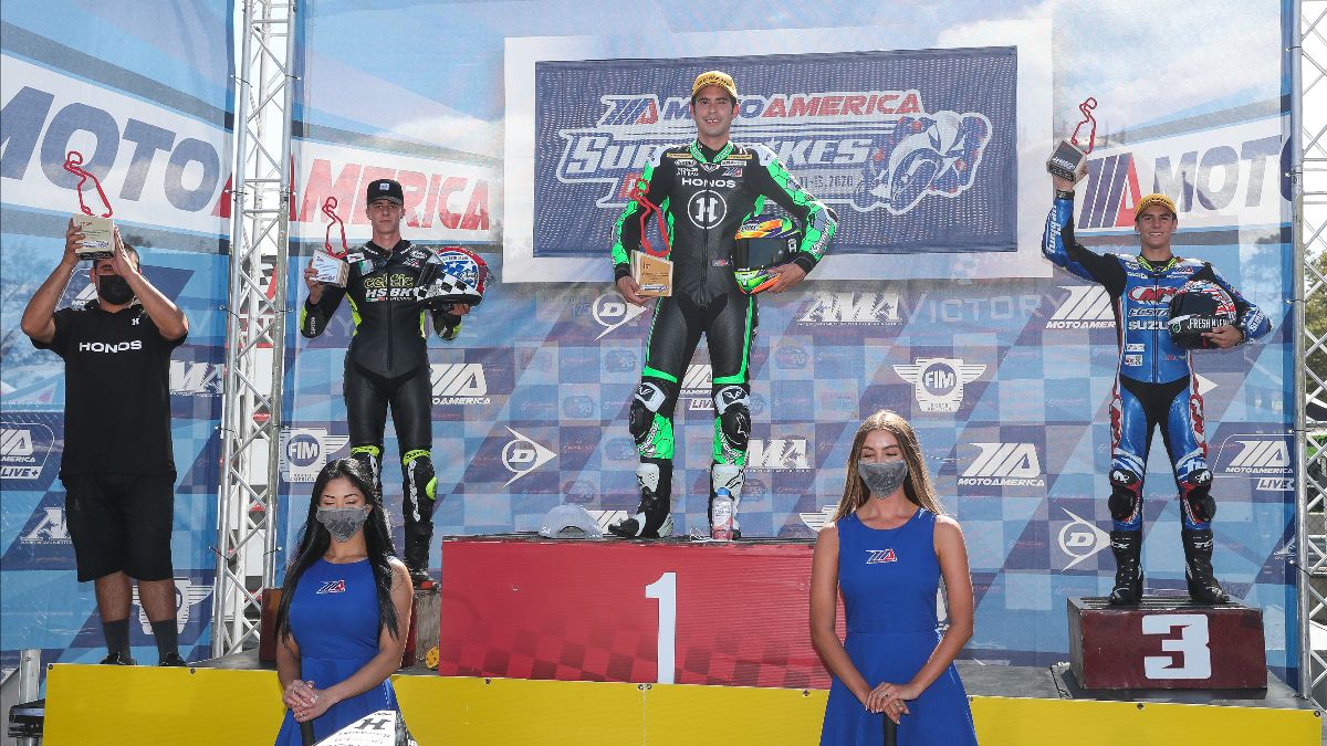 200913 (From left to right) Brandon Paasch, Richie Escalante and Sean Dylan Kelly celebrate on the NJMP podium