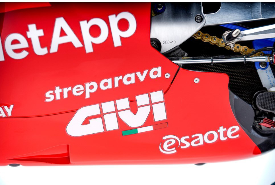 Ducati Desmosedici GP  and a detail of the fairing on the left side of the bike.