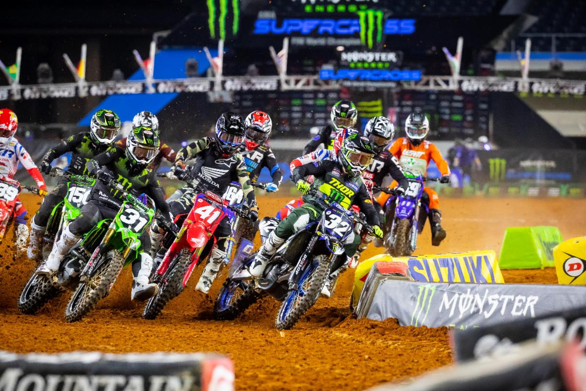 Justin Cooper (#32) got the holeshot and was unchallenged at the final Arlington Supercross - Arlington 3
