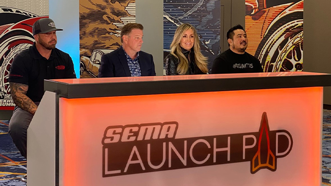 From left, Jared Hare, Chip Foose, Alex Parker, and Myles Kovacs are judges of the 2021 SEMA Launch Pad competition (678)