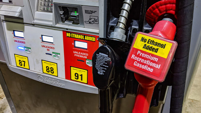 220418 91 octane premium unleaded gasoline, no ethanol added (ethanol free fuel) gas pump. (Credit Tony Webster) (678)