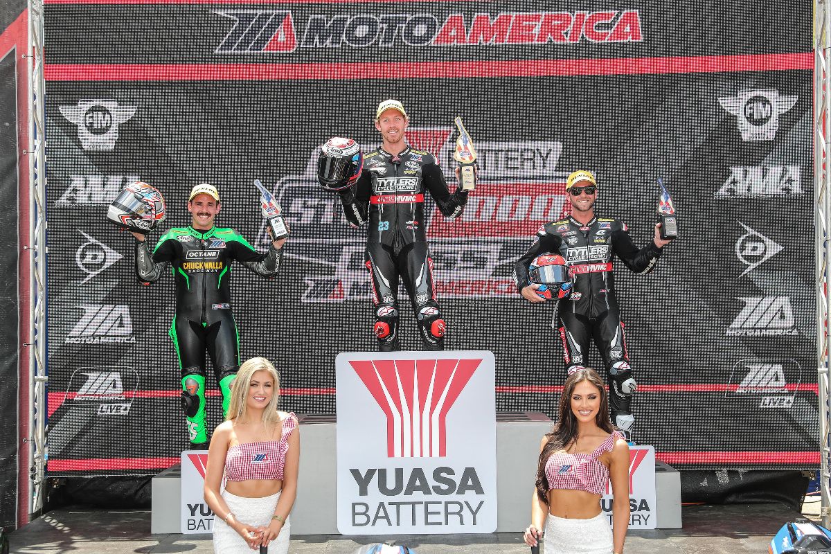 220503 Corey Alexander (center) beat Michael Gilbert (left) by just .001 of a second to win the first round of the MotoAmerica Yuasa Stock 1000 Championship at Road Atlanta