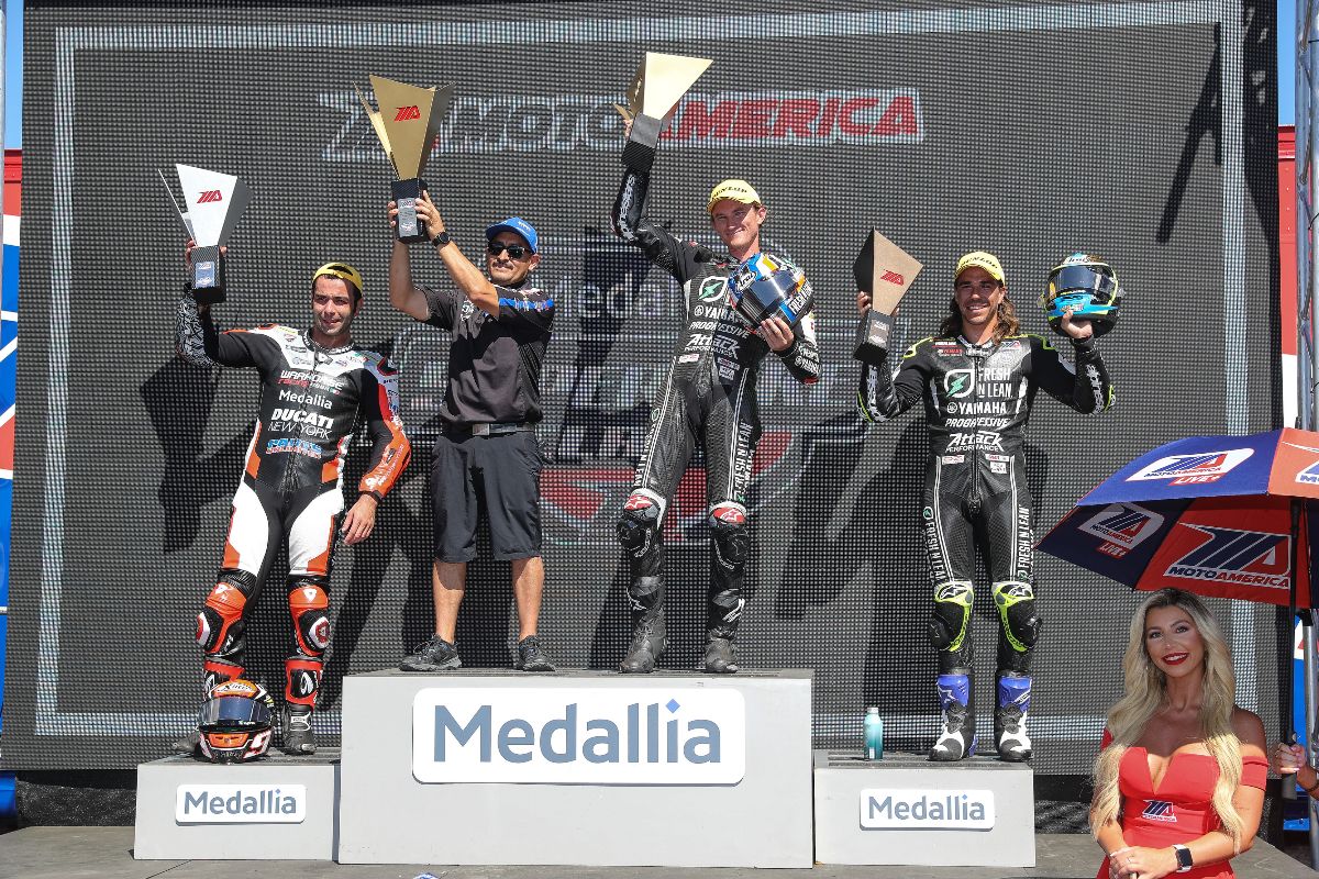 220627 (From left to right) The top three from the Medallia Superbike race celebrate- Danilo Petrucci, Jake Gagne and Cameron Petersen