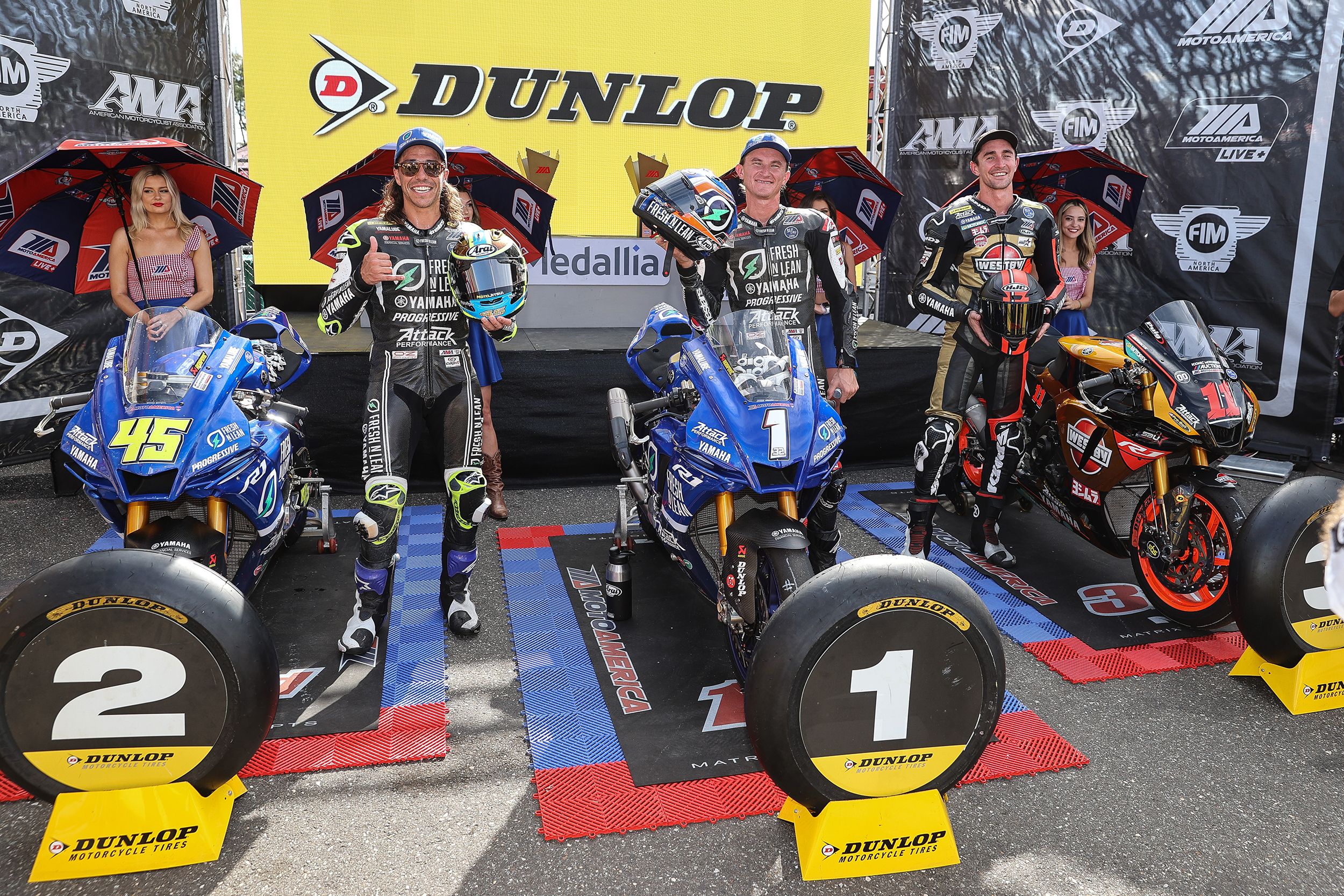 220911 (From left to right) It was a Yamaha lockout of the Medallia Superbike podium on Saturday with Cameron Petersen, Jake Gagne and Mathew Scholz