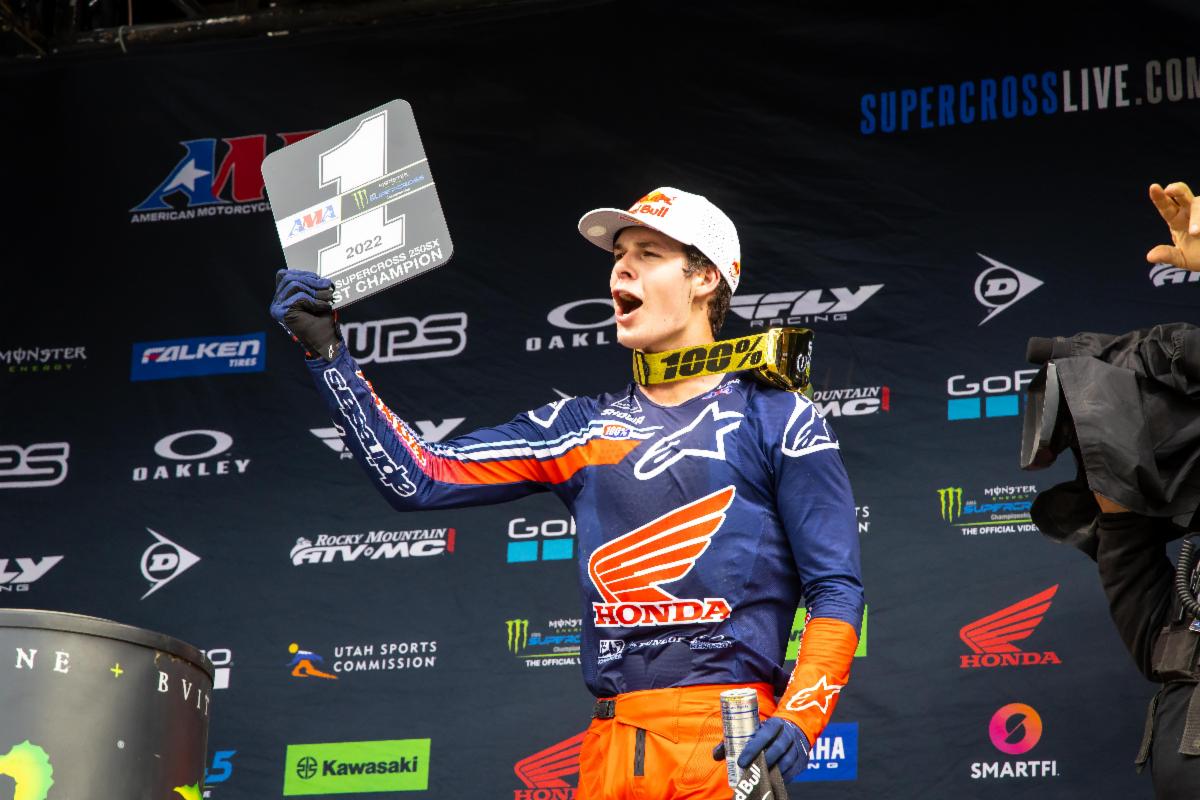 Jett Lawrence celebrating his first Monster Energy AMA Supercross 250SX Class Championship