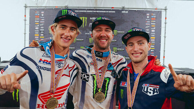 221214 Victorious 2022 U.S. Motocross of Nations team. Left to right- Chase Sexton, Eli Tomac and Justin Cooper. Credit- Michael Antonovich [678]