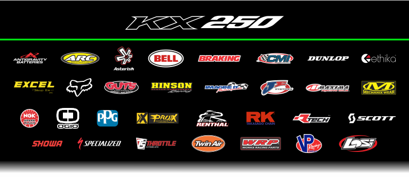 Monster Energy®:Pro Circuit:Kawasaki KX 250 sponsor logos