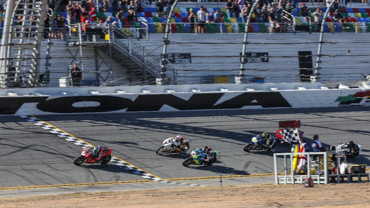 230312 Josh Herrin (1) crosses the finish line ahead of Josh Hayes (4), Brandon Paasch (96) and Cameron Petersen (45) at the end of the Daytona 200
