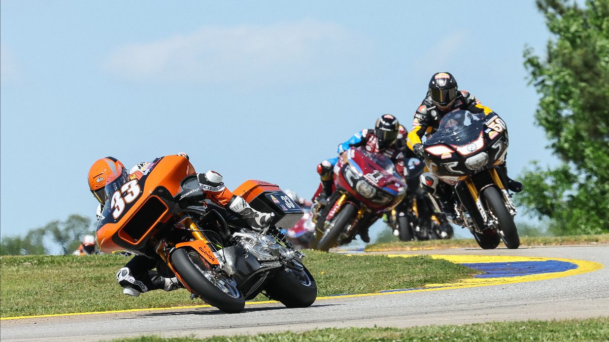 Kyle Wyman (33) leads Bobby Fong (50) and Tyler O'Hara (1) on the opening lap of the Mission King Of The Baggers race – Photo by Brian J. Nelson