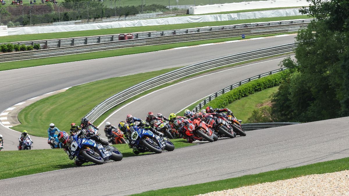 230521 Jake Gagne (1) leads Cameron Petersen (45), Josh Herrin (2) and the rest of the Medallia Superbike class