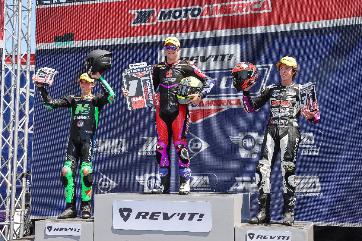 (From left to right) Blake Davis, Rocco Landers and Gus Rodio celebrate their top-three finishes in the REV'IT! Twins Cup race