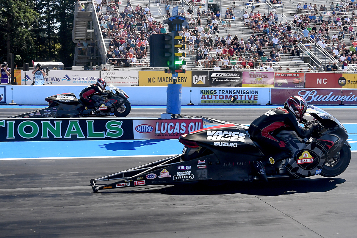 Eddie Krawiec (7) faces his teammate in the finals and comes up short of his 50th NHRA win