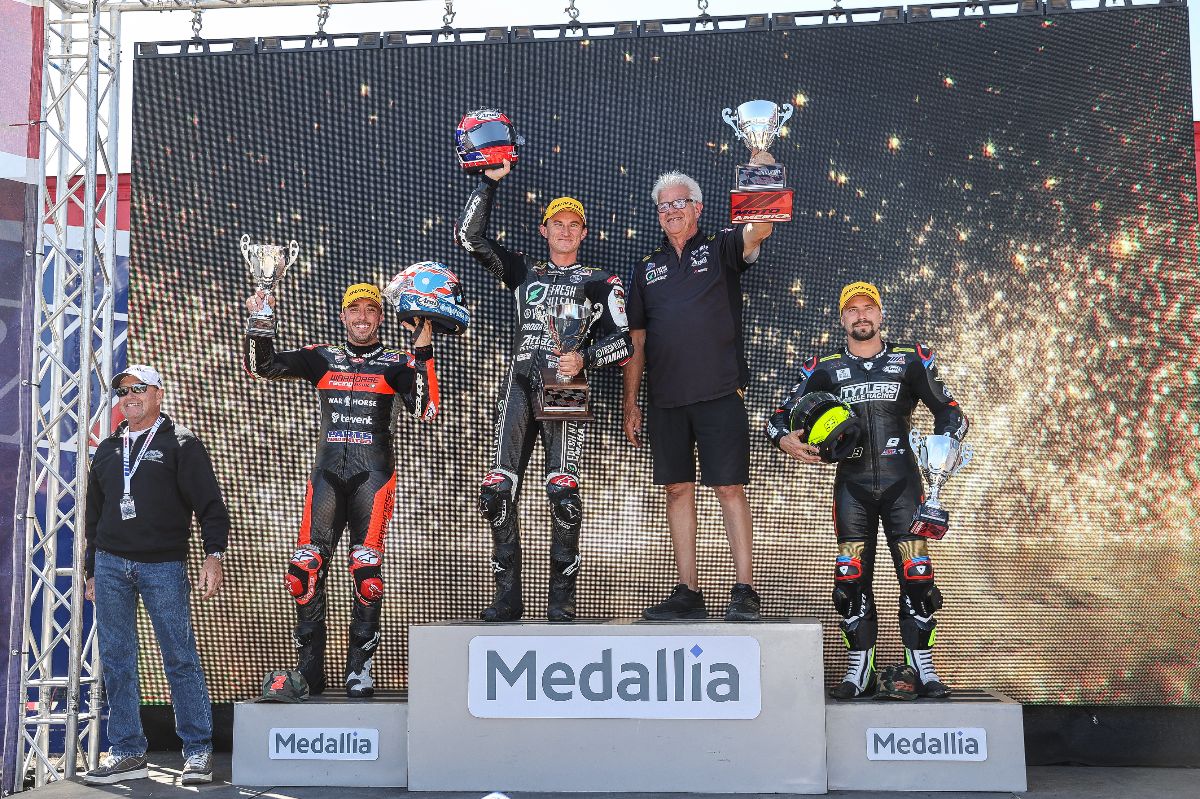 (Left to right) Josh Herrin, Jake Gagne, Mike Canfield and PJ Jacobsen - SuperBike podium