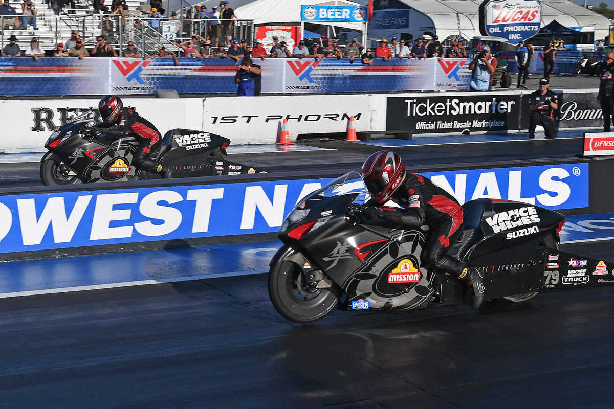 Watch the Vance & Hines:Mission Suzuki Gen3 Hayabusas go down the track at over 200 mph