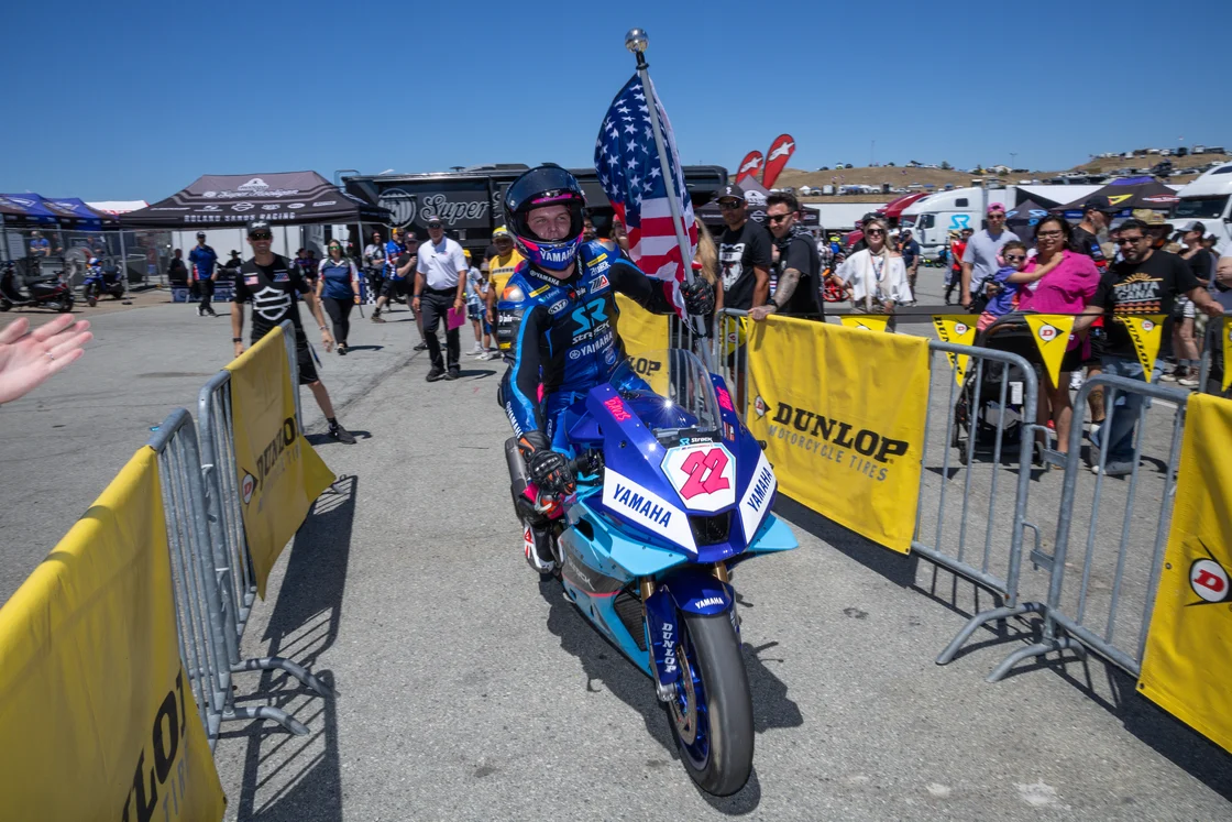 Blake Davis celebrates his clean sweep of both Motovation Supersport races